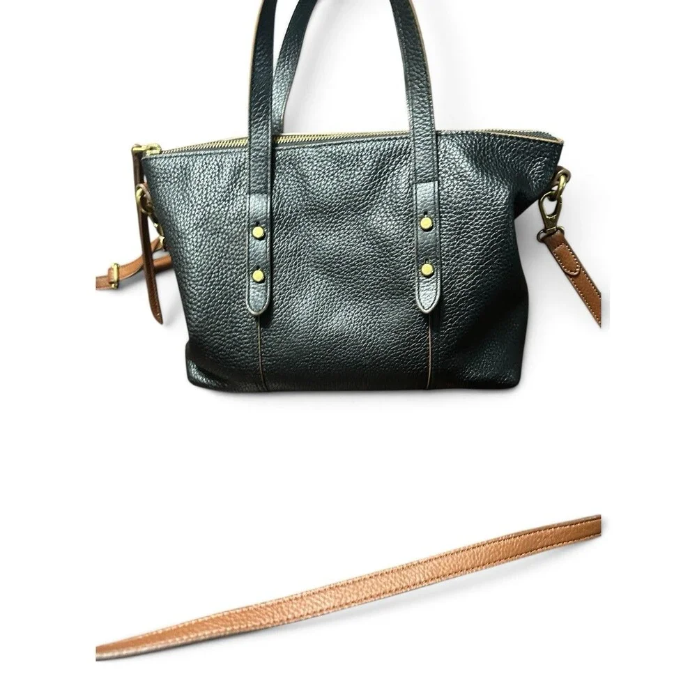Fossil Black Leather Crossbody Satchel Bag Brown Strap Zip Top